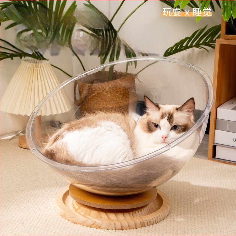 Macska forgó koronggal ellátott kapszula alakú átlátszó akril macskafészek nyitott szellőzésű vízálló és nedvességálló nagy tér négy évszakra