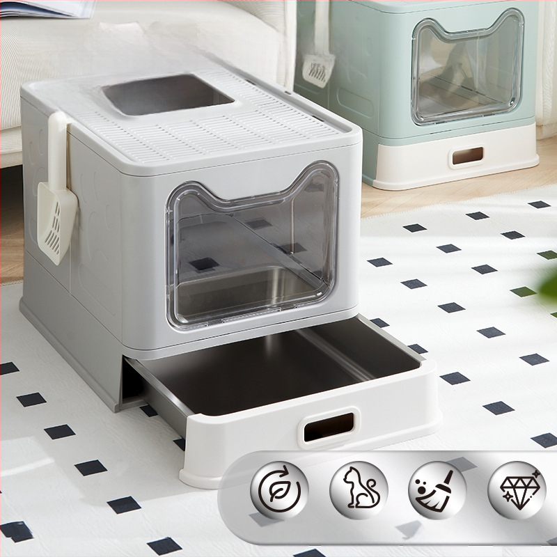 Sklopiva kutija za pijesak od nehrđajućeg čelika s prednjim gornjim dijelom, otporna na prskanje, potpuno zatvorena, mačji WC s velikom ladicom