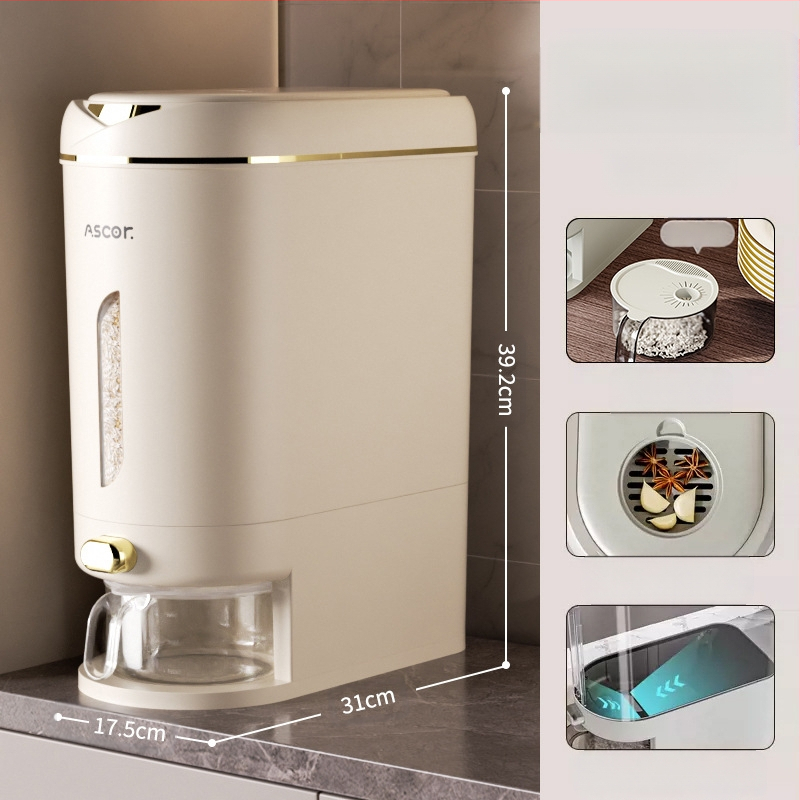 Ryžių kibiras, buitinis, sandarus, nuo vabzdžių ir drėgmei atsparus, 10 kg, stilingas maistinių miltų laikymo bakas, ryžių cilindrinė dėžė, ryžių makaronų laikymas