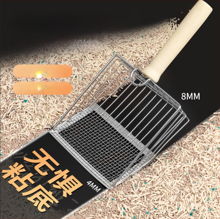 Kačių kraiko kastuvas, smulkios skylės, didelis metalinis nerūdijančio plieno kačių kastuvas, bentonito rūdos kačių kraiko kastuvo artefaktas