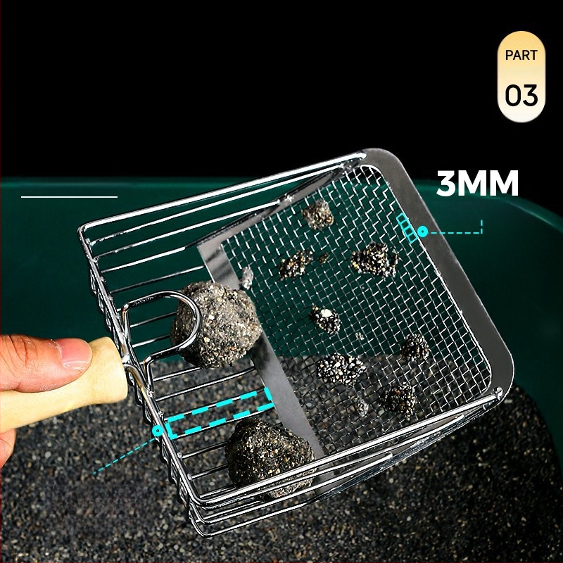 Kačių kraiko kastuvas, smulkios skylės, didelis metalinis nerūdijančio plieno kačių kastuvas, bentonito rūdos kačių kraiko kastuvo artefaktas