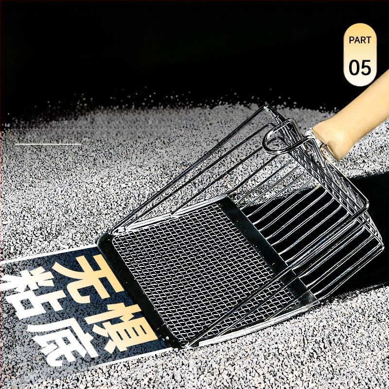 Kačių kraiko kastuvas, smulkios skylės, didelis metalinis nerūdijančio plieno kačių kastuvas, bentonito rūdos kačių kraiko kastuvo artefaktas