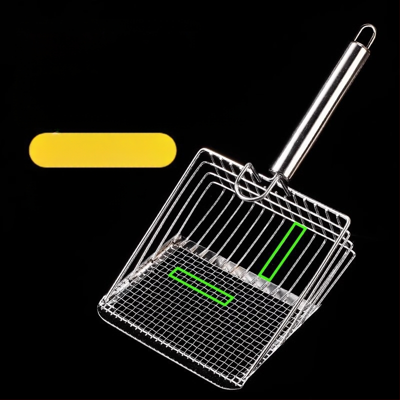 Kačių kraiko kastuvas, smulkios skylės, didelis metalinis nerūdijančio plieno kačių kastuvas, bentonito rūdos kačių kraiko kastuvo artefaktas