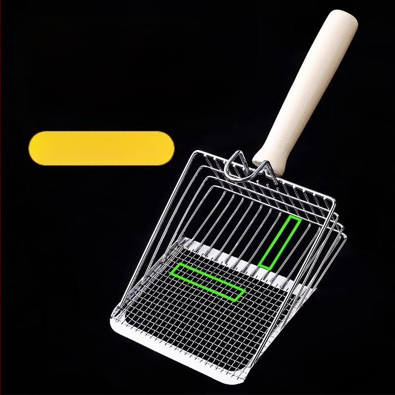 Kačių kraiko kastuvas, smulkios skylės, didelis metalinis nerūdijančio plieno kačių kastuvas, bentonito rūdos kačių kraiko kastuvo artefaktas