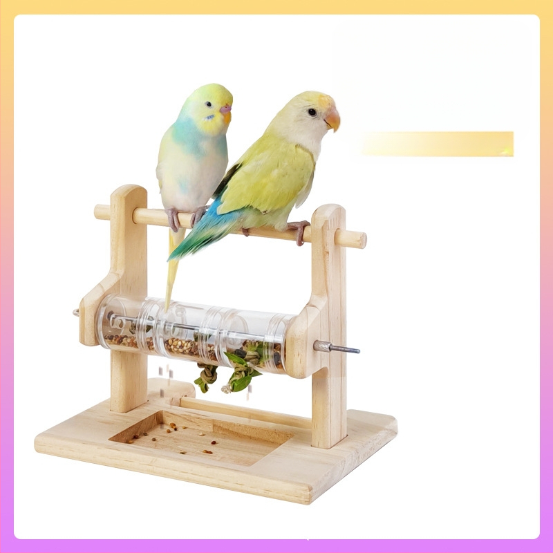 Stanica za hranjenje papiga od punog drva, stalak za brušenje kandži, brušenje kljuna, otporan na ugriz, štap za stanicu, akrilna prozirna kutija za hranu, zabavna igračka za papige