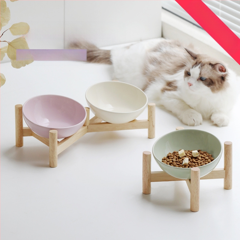 Керамична скосена купа за домашни любимци, купа за храна за котки и кучета, двойна купа, антидетонационна, висока защита за врата на краката