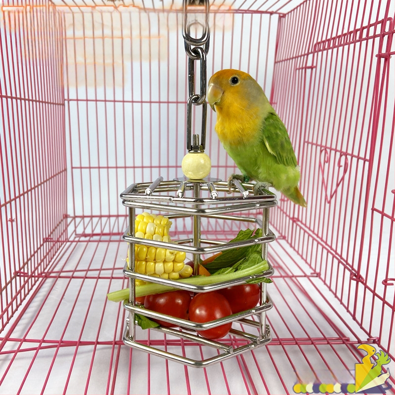 304 Неръждаема стомана Папагал Хапаща Играчка Хранене Клетка Молар Играчка Клетка Папагал Кошница с Плодове Висулка
