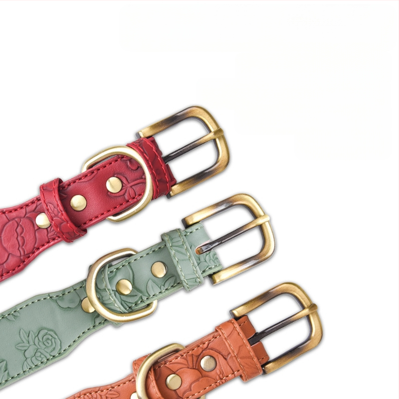 Ogrlica za pse od pamuka, kožna reljefna ogrlica za kućne ljubimce srednje i velike veličine, retro stil, Amazon Hot