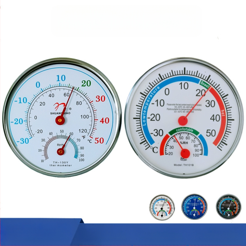 Rodyklės termometras ir higrometras, tarpvalstybinė anglų kalbos versija, termometras užsienio kalba, užsienio prekyba, buitinis Farenheito sausas ir drėgnas termometras