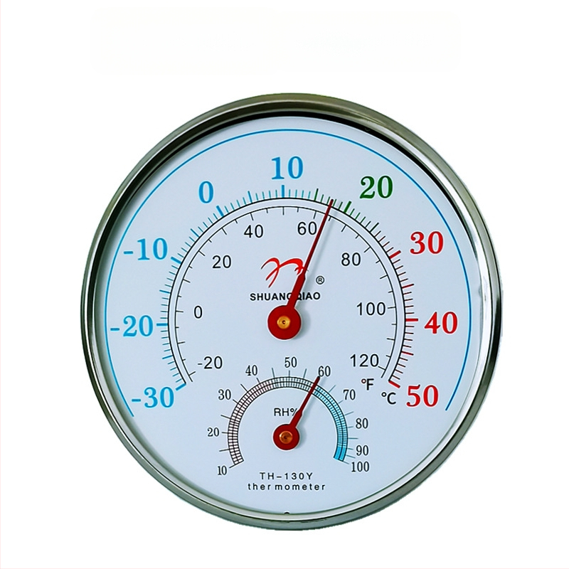 Rodyklės termometras ir higrometras, tarpvalstybinė anglų kalbos versija, termometras užsienio kalba, užsienio prekyba, buitinis Farenheito sausas ir drėgnas termometras