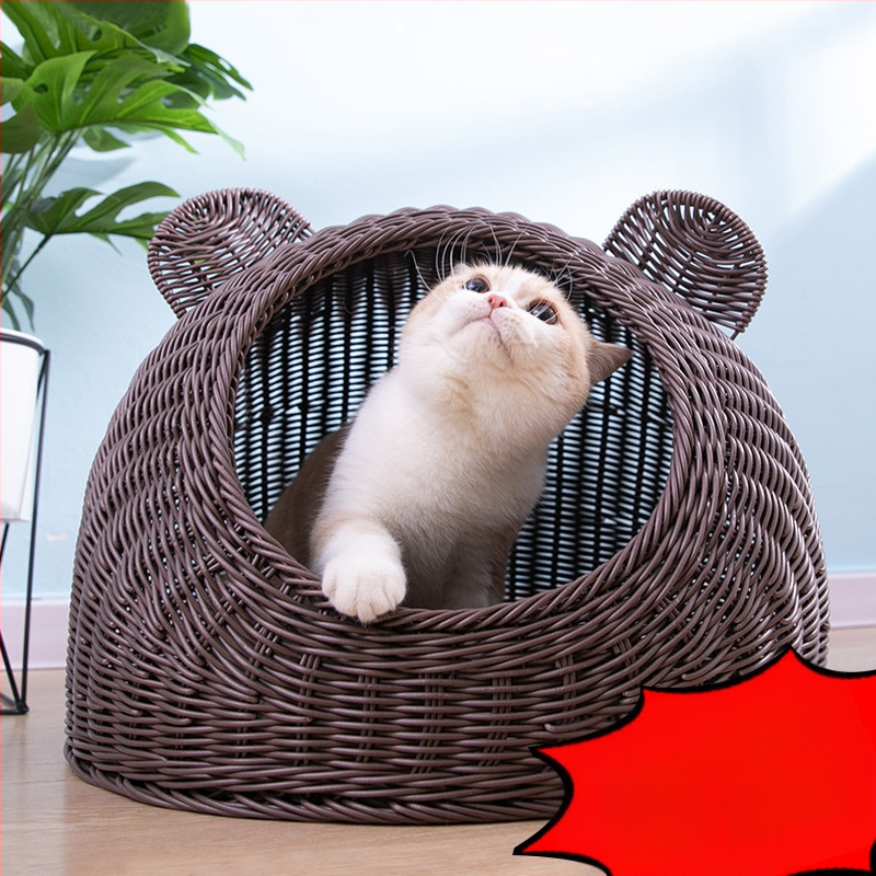 Imitacija ratana, perivo mačje gnijezdo, vila, poluzatvorena, univerzalna ljetna kućica za pse od ratana, prozračna, za četiri godišnja doba, generacija dlake