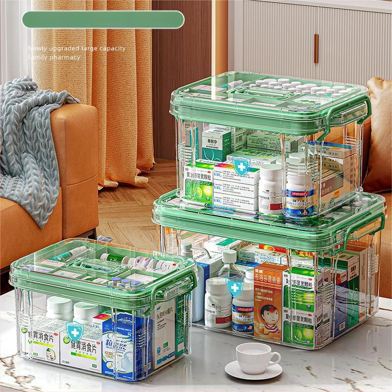 Majapidamisravimikarp Suure mahutavusega sahtliga Niiskuskindel ja hallituskindel Mitmekihiline ravimite hoiukarp Esmaabikarp Läbipaistev nähtav ravimikarp