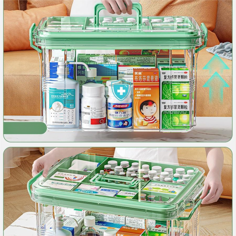 Majapidamisravimikarp Suure mahutavusega sahtliga Niiskuskindel ja hallituskindel Mitmekihiline ravimite hoiukarp Esmaabikarp Läbipaistev nähtav ravimikarp