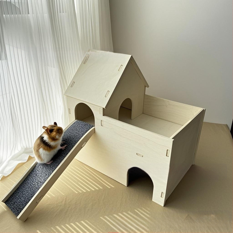 Hamster dublu strat mare Villa hamster platformă din lemn pentru animale de companie pat de jucărie hamster iarnă dormit cuib animale de companie scară din lemn