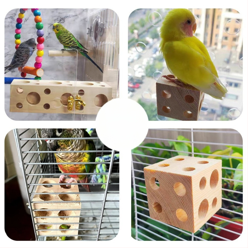 Фабрична наличност, дървена стойка за папагал за домашни любимци, шлифоване на птици, инструмент за щипки, устойчив на ухапване, вградена играчка куб за птици, хранилка за птици