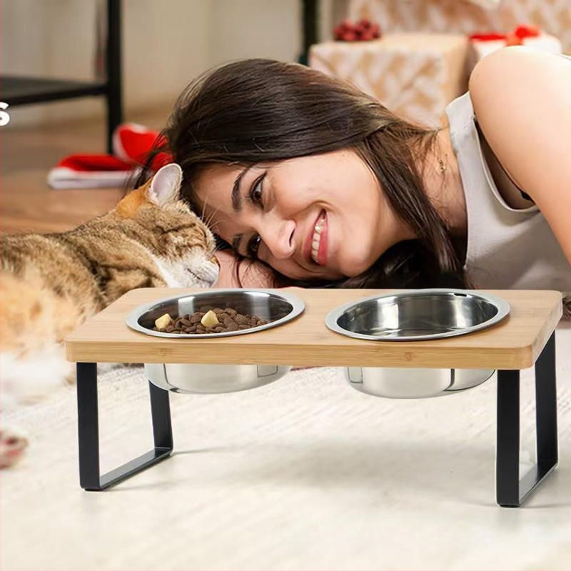 Kreativni drveni stalak za zdjele za mačke, hranilica za kućne ljubimce, samostojeći stalak za zdjele za kućne ljubimce s dvostrukom zdjelom, željezni stalak za visinu zdjela za pse