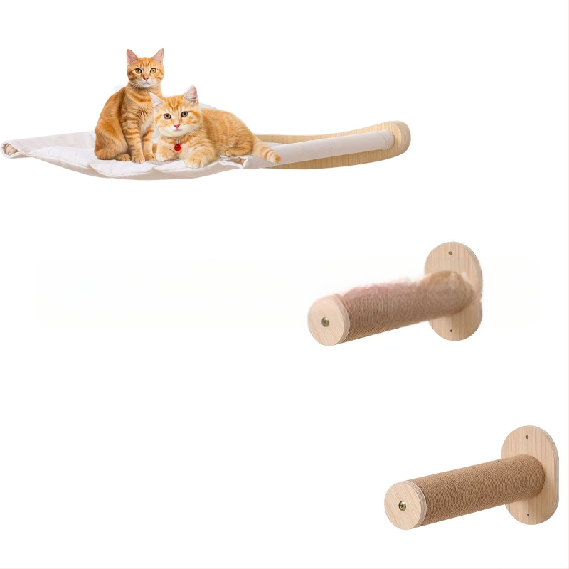 Fa macskamászó állvány, macskamászó létra, falra szerelhető létra, tömörfa, többrétegű szizál kötél, macskafal, függőágy, lépcső, macskajáték