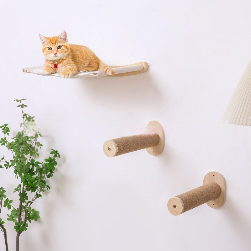 Fa macskamászó állvány, macskamászó létra, falra szerelhető létra, tömörfa, többrétegű szizál kötél, macskafal, függőágy, lépcső, macskajáték