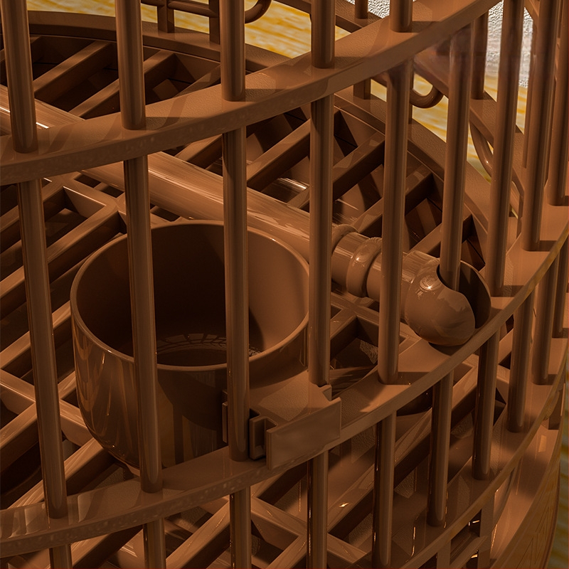 Linnupuuri kodu, suur luksuslik villa, vintage-stiilis plastist kandekuru, pojengist, tiigri nahast pärlpapagoist linnupuur