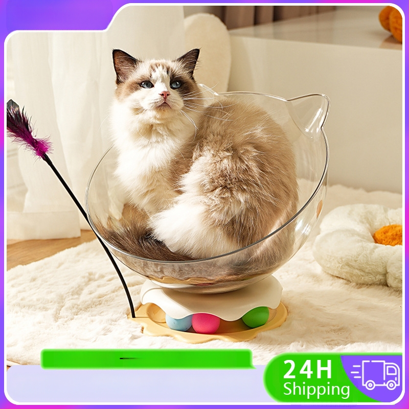 Cuib de pisică în formă de capsulă spațială pentru a ameliora plictiseala, jucărie pentru pisici cu placă rotativă încorporată și băț amuzant pentru pisici, cuib multifuncțional pentru pisici, pentru a se juca și a dormi