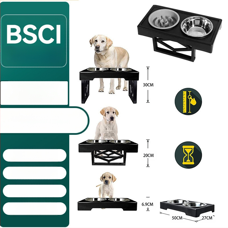Проста, чисто черна, регулируема повдигаща се маса за хранене с двойна купа за хранене, защита за врата на домашни любимци, кучета, принадлежности за кучета