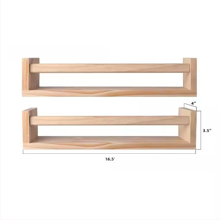 Didmeninė prekyba buitinėmis virtuvės laikymo lentynomis, medinėmis, prieskoniams skirtomis lentynomis, pakabinamomis ant sienos, be perforavimo, paprastomis medinėmis lentynomis.