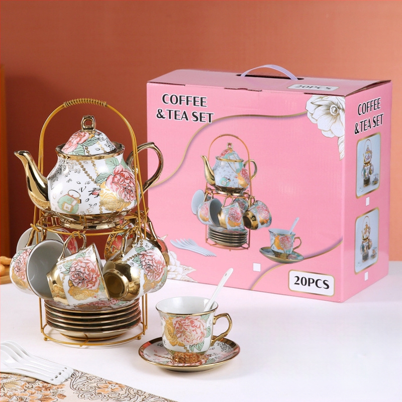 Комплект за чай от 20 части в европейски стил, керамична чаша за кафе, ароматизиран чай, комплект за следобеден чай в английски стил, винтидж сватбен подарък, чаша за вода