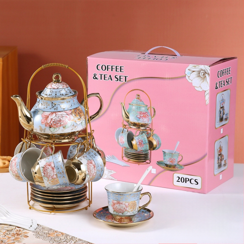 Комплект за чай от 20 части в европейски стил, керамична чаша за кафе, ароматизиран чай, комплект за следобеден чай в английски стил, винтидж сватбен подарък, чаша за вода