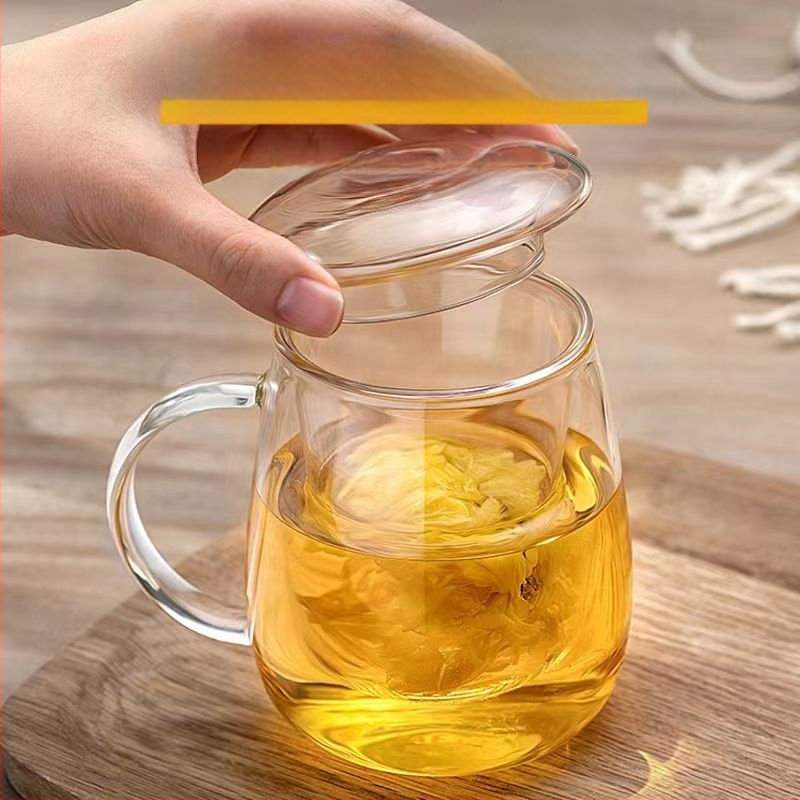 Grybų formos trijų dalių stiklinių puodelių rinkinys su filtru, didelės talpos gėlių arbatai plikyti, tinkamas naudoti namuose ir biure, atsparus aukštai temperatūrai