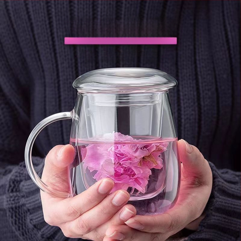 Grybų formos trijų dalių stiklinių puodelių rinkinys su filtru, didelės talpos gėlių arbatai plikyti, tinkamas naudoti namuose ir biure, atsparus aukštai temperatūrai