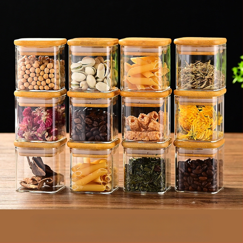 Cezhraničná bambusová veko 12-dielna štvorcová skladovacia nádoba s perlovým bavlneným oblekom, uzavretá nádoba s vysokým borosilikátovým tepelne odolným úložným džbánom, veľkoobchod