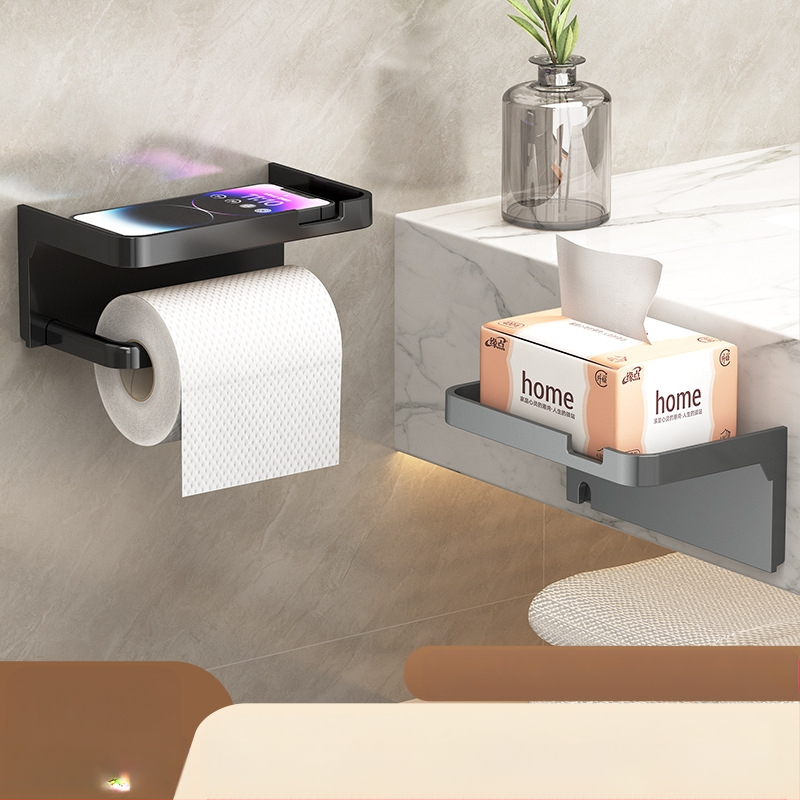 Tarpvalstybinis vonios kambario tualetinio popieriaus ritinėlio laikiklis, sustorintas tamsiai pilkas laikiklis be perforatoriaus, tualetinis vonios kambario popierinių rankšluosčių laikiklis, mobiliojo telefono laikymo lentynėlė