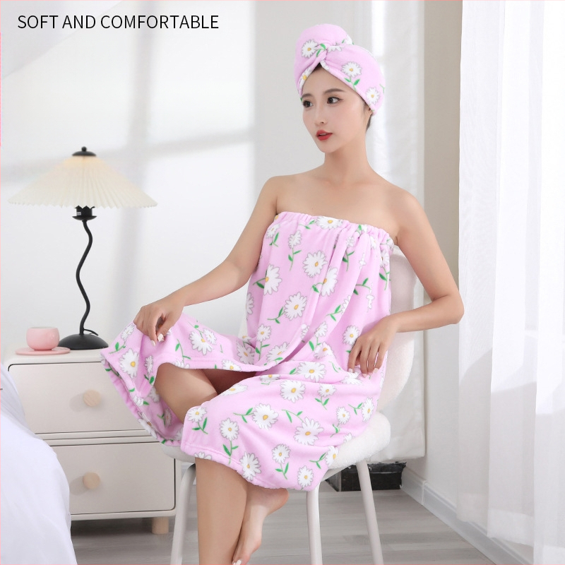 Moteriškas vasarinis rankšluostis su spausdintu vamzdeliu ir viršutiniu sijonu, dušo kepuraitė, minkštas chalatas, sugeriantis sausų plaukų kepuraitės dviejų dalių rinkinys