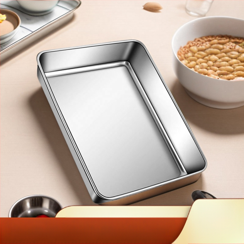 Nerūdijančio plieno kvadratinė plokščia stačiakampė dėžutė su dangčiu, tiramisu padėklas, gilus indų dubuo
