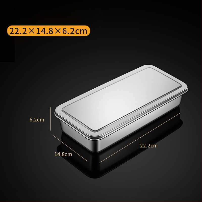 Nerūdijančio plieno kvadratinė plokščia stačiakampė dėžutė su dangčiu, tiramisu padėklas, gilus indų dubuo