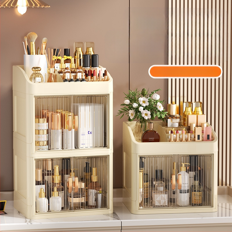 Sulankstoma dvigubų durų karūnos balta kosmetikos laikymo dėžutė daugiasluoksnė kanceliarinių prekių laikymo lentyna buitinės odos priežiūros priemonės dulkėms atsparios