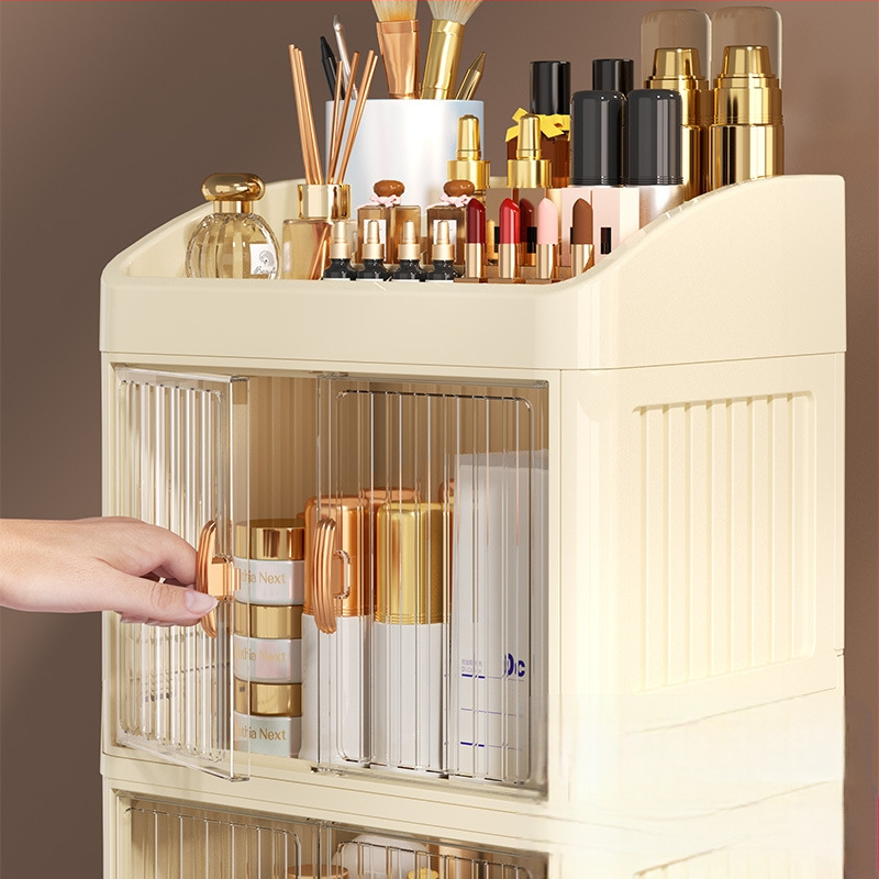 Sulankstoma dvigubų durų karūnos balta kosmetikos laikymo dėžutė daugiasluoksnė kanceliarinių prekių laikymo lentyna buitinės odos priežiūros priemonės dulkėms atsparios