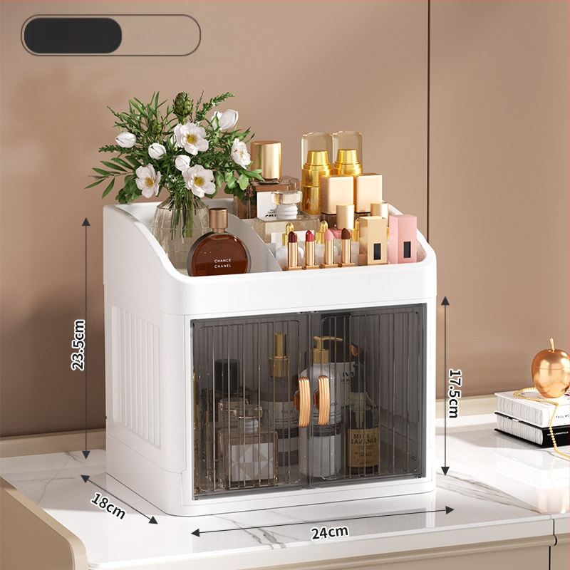 Sulankstoma dvigubų durų karūnos balta kosmetikos laikymo dėžutė daugiasluoksnė kanceliarinių prekių laikymo lentyna buitinės odos priežiūros priemonės dulkėms atsparios