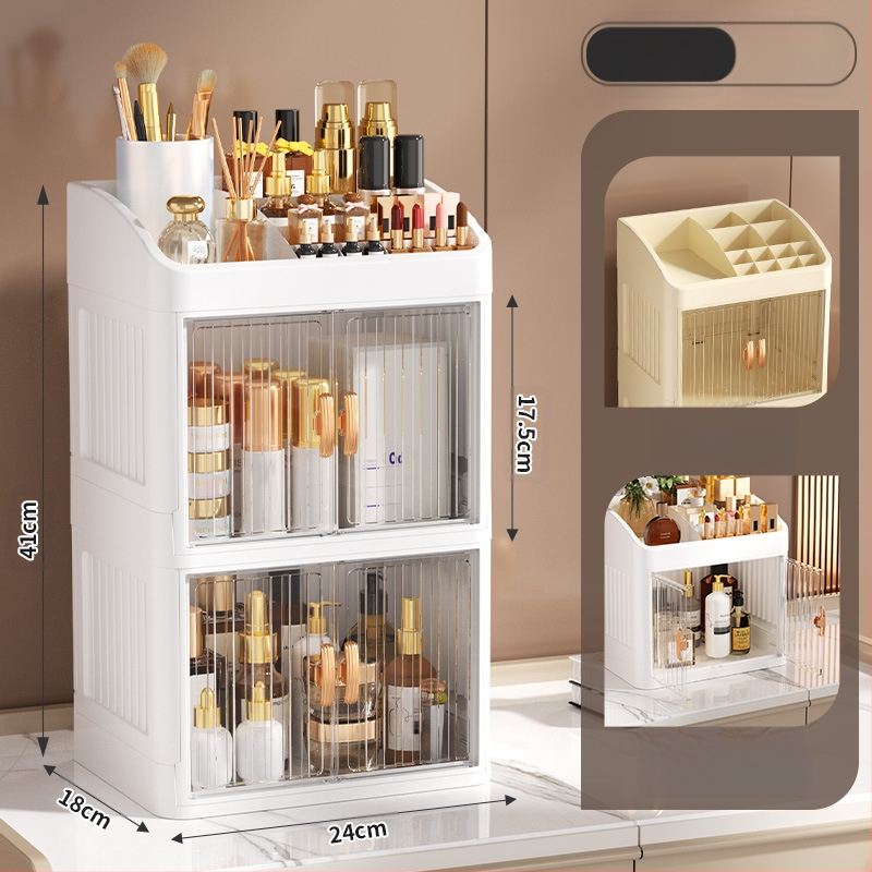 Sulankstoma dvigubų durų karūnos balta kosmetikos laikymo dėžutė daugiasluoksnė kanceliarinių prekių laikymo lentyna buitinės odos priežiūros priemonės dulkėms atsparios