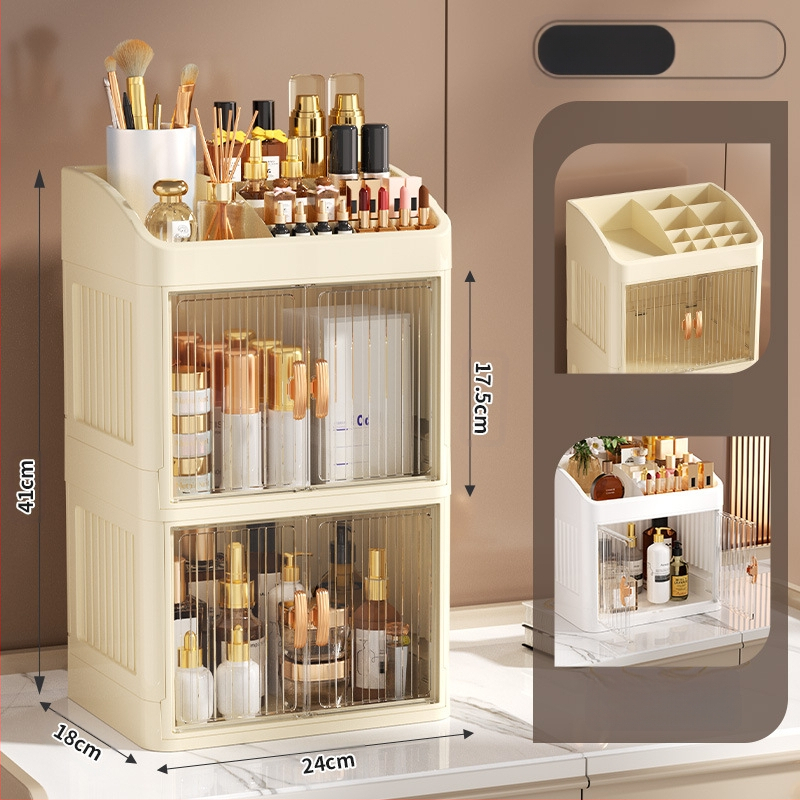 Sulankstoma dvigubų durų karūnos balta kosmetikos laikymo dėžutė daugiasluoksnė kanceliarinių prekių laikymo lentyna buitinės odos priežiūros priemonės dulkėms atsparios
