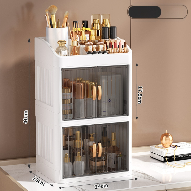 Sulankstoma dvigubų durų karūnos balta kosmetikos laikymo dėžutė daugiasluoksnė kanceliarinių prekių laikymo lentyna buitinės odos priežiūros priemonės dulkėms atsparios