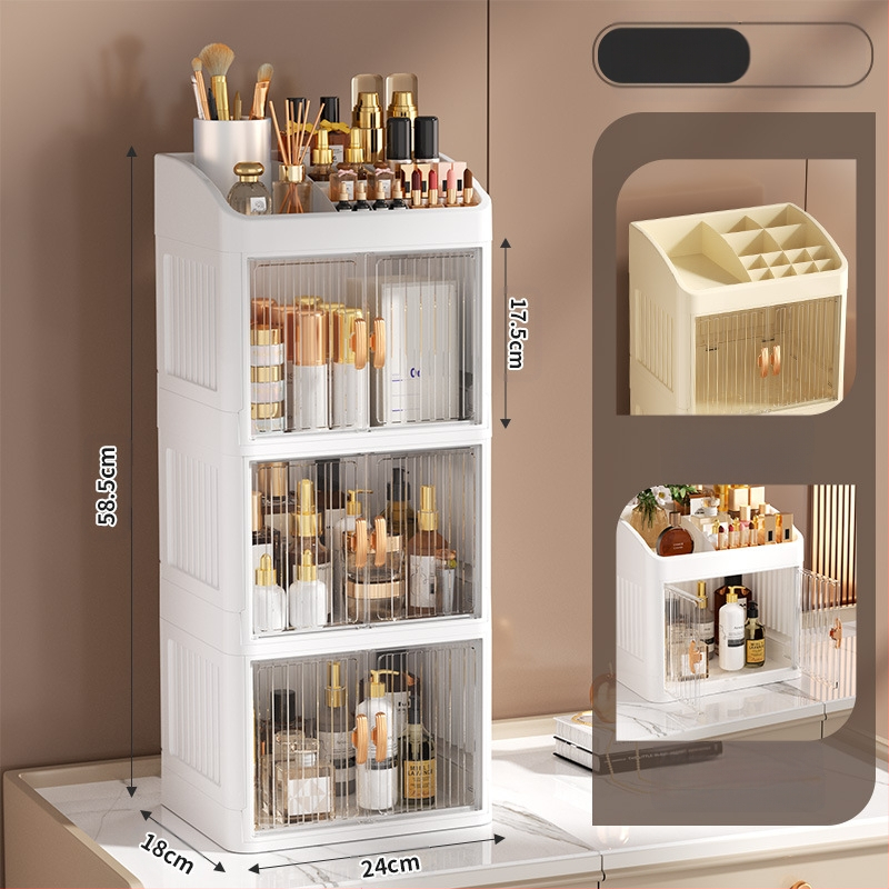 Sulankstoma dvigubų durų karūnos balta kosmetikos laikymo dėžutė daugiasluoksnė kanceliarinių prekių laikymo lentyna buitinės odos priežiūros priemonės dulkėms atsparios