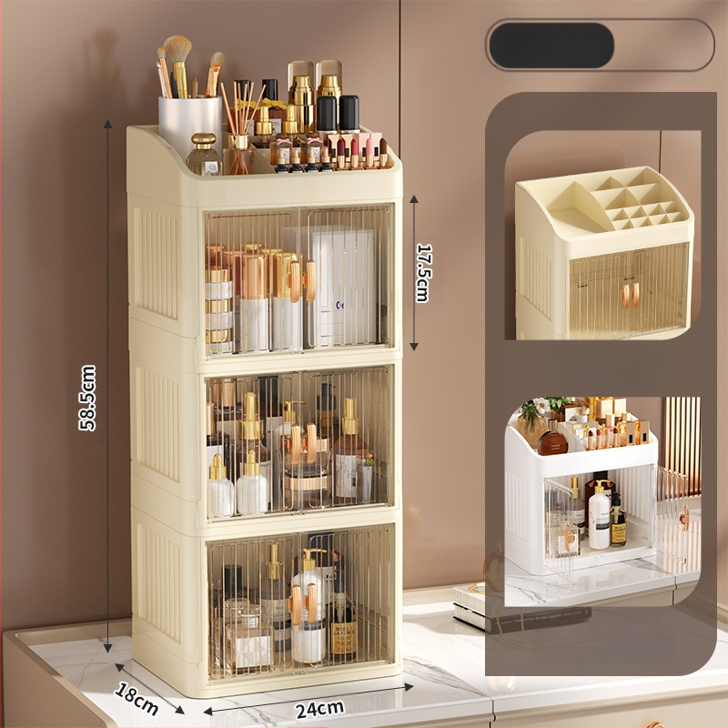 Sulankstoma dvigubų durų karūnos balta kosmetikos laikymo dėžutė daugiasluoksnė kanceliarinių prekių laikymo lentyna buitinės odos priežiūros priemonės dulkėms atsparios