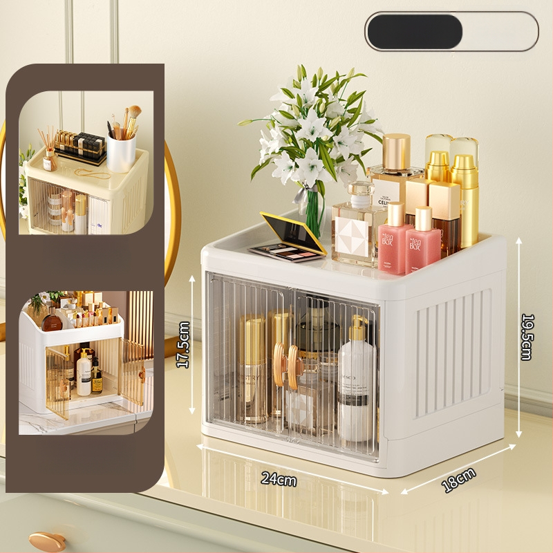 Sulankstoma dvigubų durų karūnos balta kosmetikos laikymo dėžutė daugiasluoksnė kanceliarinių prekių laikymo lentyna buitinės odos priežiūros priemonės dulkėms atsparios