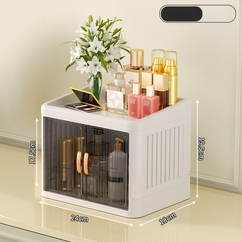 Sulankstoma dvigubų durų karūnos balta kosmetikos laikymo dėžutė daugiasluoksnė kanceliarinių prekių laikymo lentyna buitinės odos priežiūros priemonės dulkėms atsparios