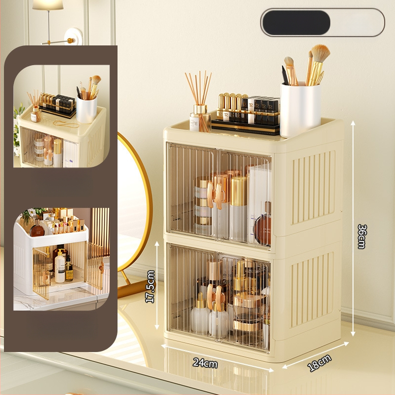 Sulankstoma dvigubų durų karūnos balta kosmetikos laikymo dėžutė daugiasluoksnė kanceliarinių prekių laikymo lentyna buitinės odos priežiūros priemonės dulkėms atsparios