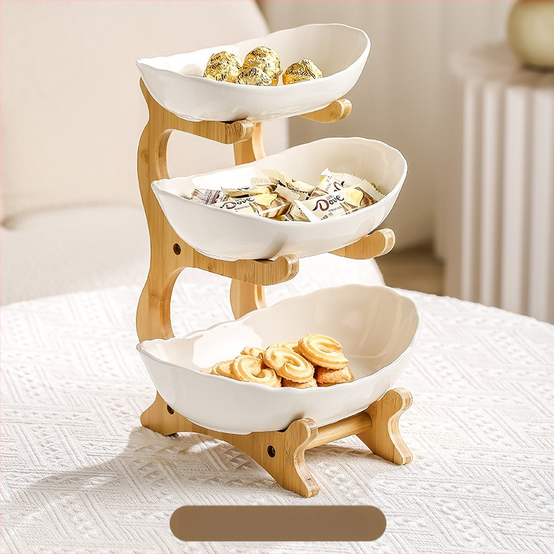 Bambuko daugiasluoksnė vaisių lėkštė, namų apyvokos kambario keraminė džiovintų vaisių lėkštė, 2024 m. nauja kūrybinga dvisluoksnė užkandžių lėkštė