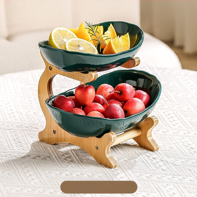 Bambuko daugiasluoksnė vaisių lėkštė, namų apyvokos kambario keraminė džiovintų vaisių lėkštė, 2024 m. nauja kūrybinga dvisluoksnė užkandžių lėkštė