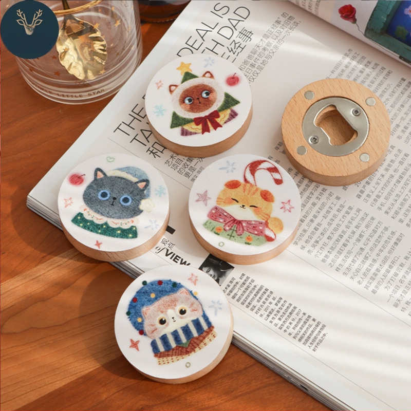 Kūrybingas kalėdinis katės gyvūno medžio masyvo butelių atidarytuvas alaus butelių atidarytuvas magnetinis šaldytuvo lipdukas daugiafunkcis