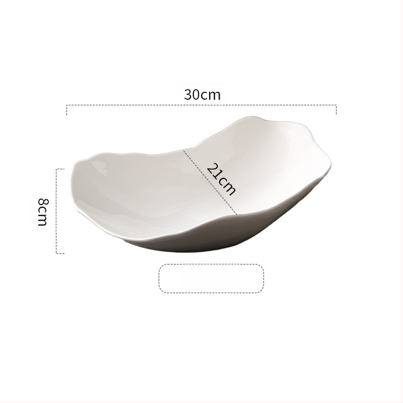 Lihtne ja kõrgekvaliteediline valge kujuga külmade roogade taldrik hotelli restorani isiksuse ebakorrapärane keraamiline pikk kauss restorani lauanõud